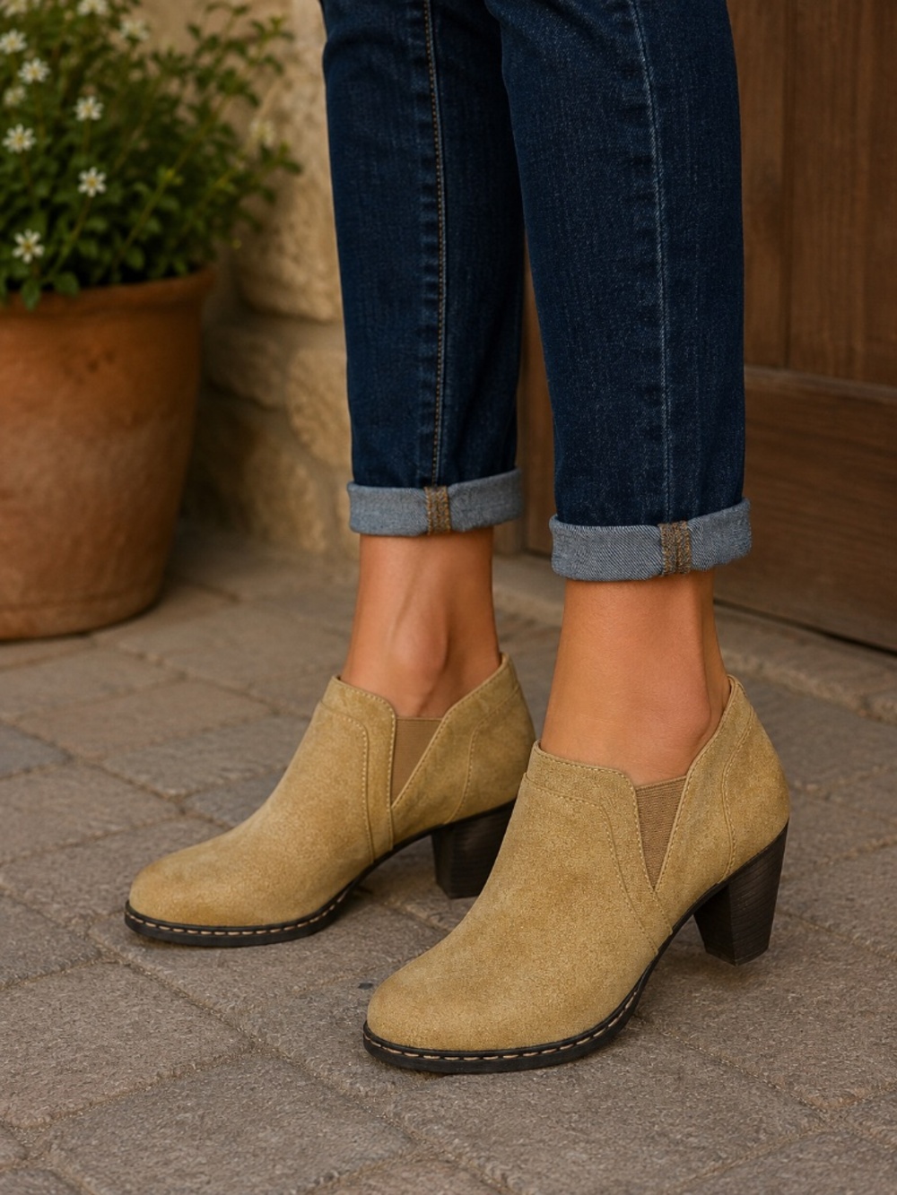 Croft & Barrow Ortholite Women's Sz 7 Tan Suede Slip On Ankle Booties Heel